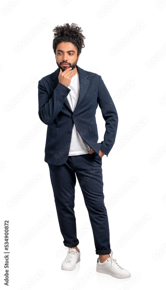Arab businessman with hand to chin, thinking isolated over white Arab businessman with hand to chin, thinking isolated over white