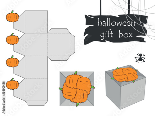Assembly diagram of a simple Halloween gift box. Do it yourself. Pattern for making a box. Vector Template for packaging design of pumpkin box for gluing, die cutting