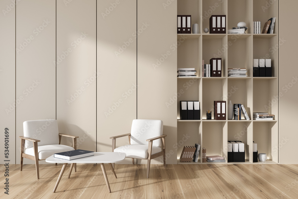 Light office interior with meeting area and shelf. Empty wall Light office interior with meeting area and shelf. Empty wall