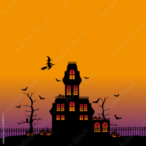 Halloween ambience with scary house or mansion,  pumpkins, flying witch and bats on mystical orange background. Halloween concept. Terrible. Vector illustration