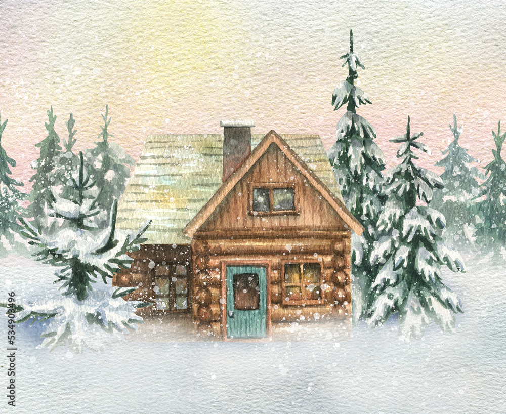 Watercolor illustration of a wooden, forest house surrounded by fir trees in the snow against a beautiful sky. hand drawn christmas illustration
