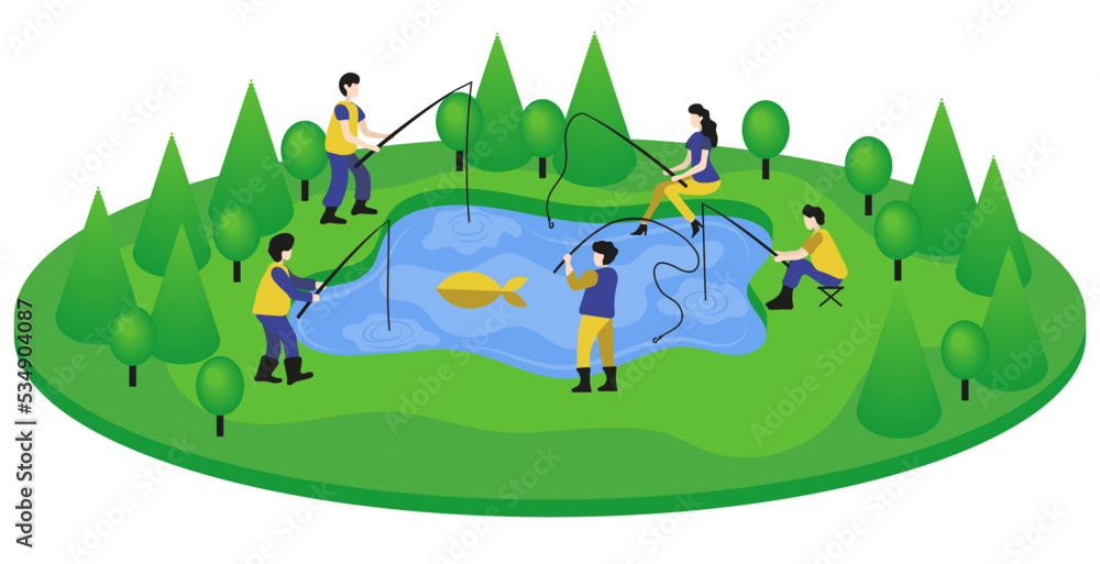 Modern minimalistic isometric clipart of fishermen on the lake in the forest. Vector illustration of many men and women catching goldfish in the pond