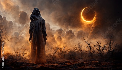 Solar eclipse in the dark world. Silhouette of a man in a black hooded robe in a foggy desert against a dark sky. 3D render.