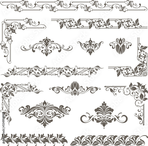vintage design lace borders monogram logo and corners Vector set art deco floral ornaments elements