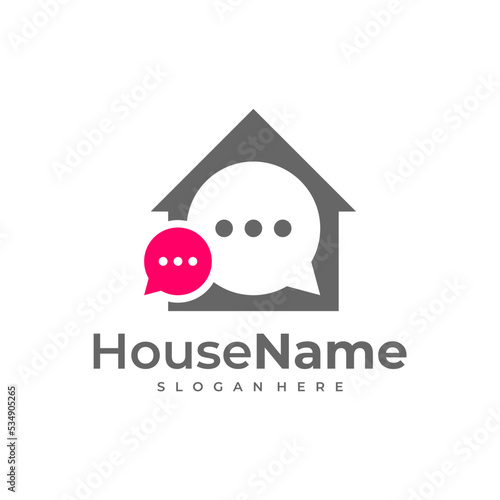 Home and talk logo - house with chimney and chat or message symbol. Realty and estate agency, discussion, conversation and communication vector icon.