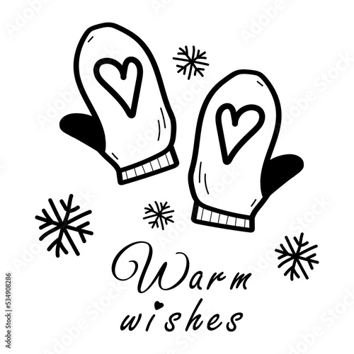 Doodle hand drawn mittens icon isolated on white background. Simple black outline silhouette. Warm wishes lettering. Cozy winter season hand wear.