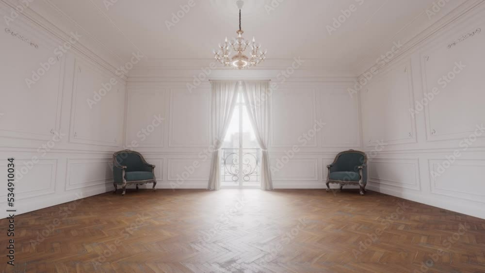 Animation 3D d'un appartement de type haussmannien avec parquet et murs blancs. Avec lustre et deux fauteuils et vue sur porte fenêtre.