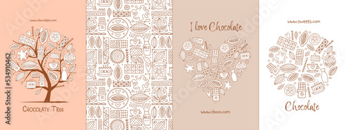 Chocolate, cacao and sweets - concept arts collection. Frame, pattern, tree, ...