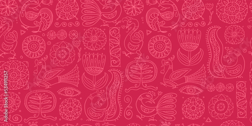 Magic fantasy birds and flowers. Vintage seamless pattern background for your design. Vector illustration