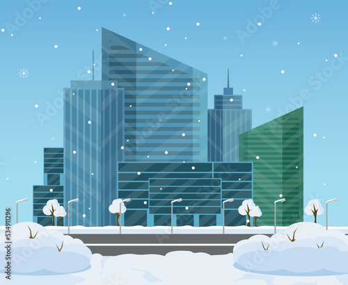 Fototapeta Naklejka Na Ścianę i Meble -  Beautiful winter landscape of a modern city. Vector illustration.