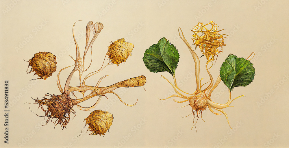 Golden root (Rhodiola rosea). Botanical illustration on white paper