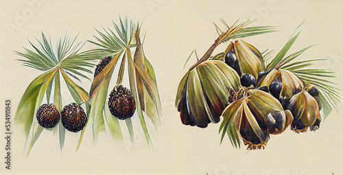 Saw palmetto (Serenoa repens). Botanical illustration on white paper. The best medicinal plants, their effects and contraindications. Natural medicine. Plant properties.