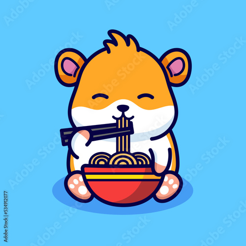 Cute hamster eating noodle cartoon illustration