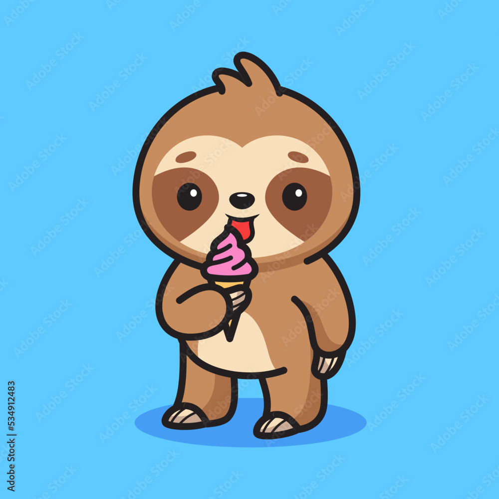 Obraz premium Cute sloth eating ice cream illustration