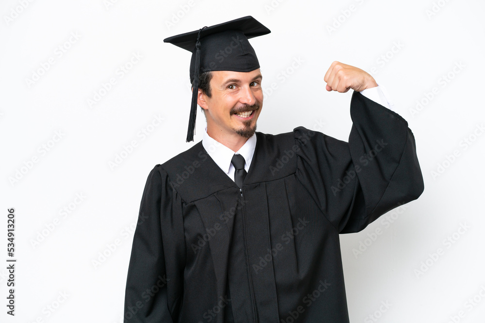 Young university graduate man isolated on white background doing strong gesture Young university graduate man isolated on white background doing strong gesture