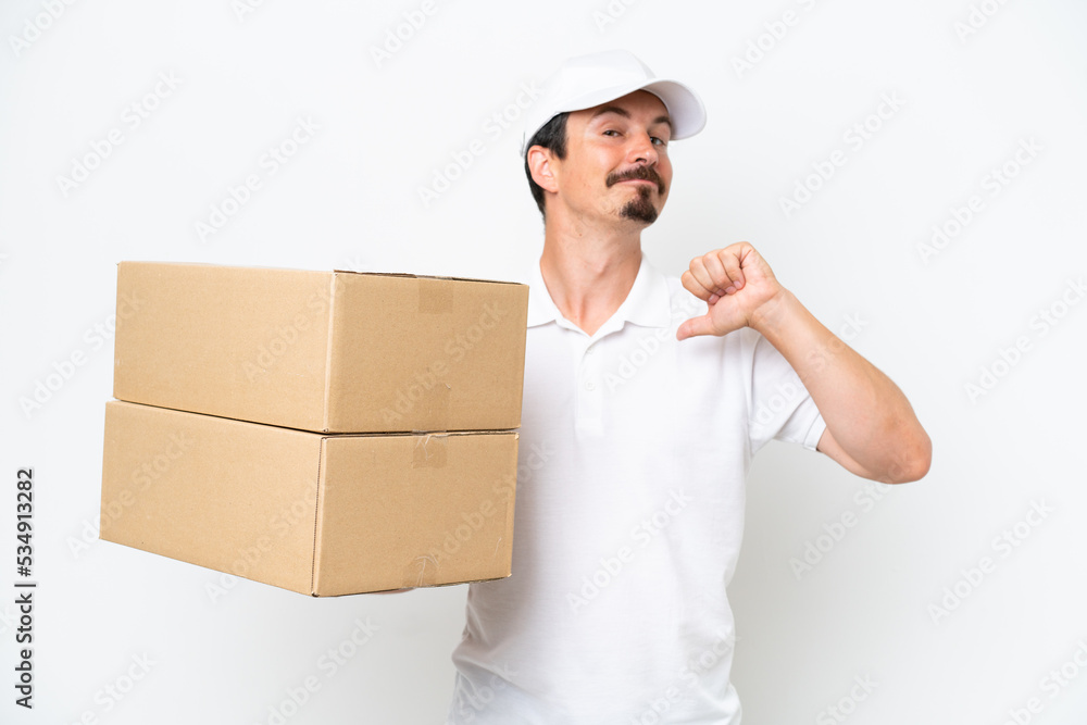 Delivery caucasian man isolated on white background proud and self-satisfied Delivery caucasian man isolated on white background proud and self-satisfied