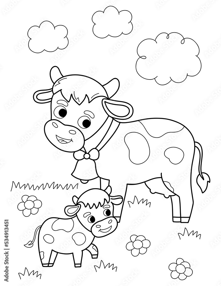 Coloring Page outline of cartoon cute cows grazing in the meadow. Animal coloring book for kids.