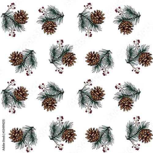 Christmas tree branches with cones seamless pattern, paper.