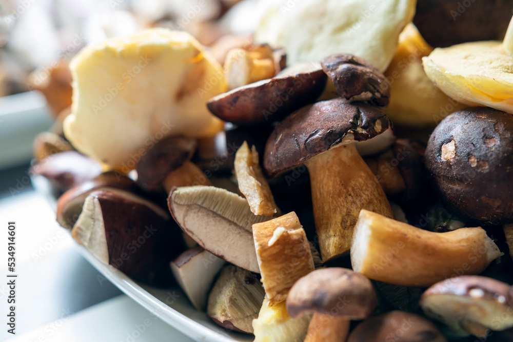 plates full of cleaned, sliced, colored mushrooms. Bay bolete, larch bolete, slippery jack, orange birch bolete. plates full of cleaned, sliced, colored mushrooms. Bay bolete, larch bolete, slippery jack, orange birch bolete.