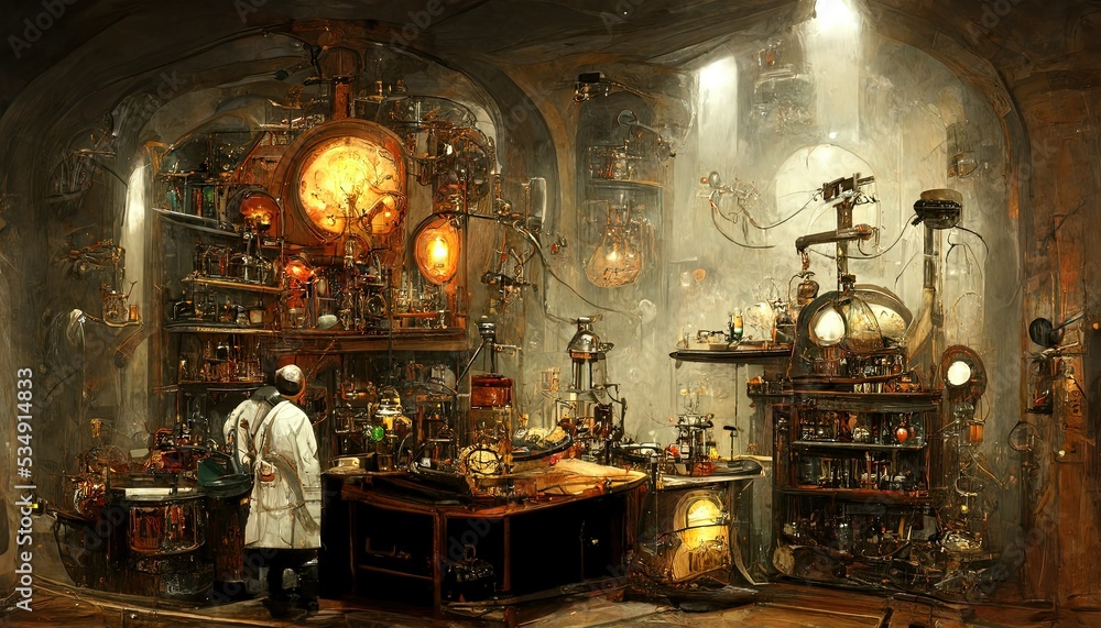 Scientist laboratory in steampunk look style with high details abd ...