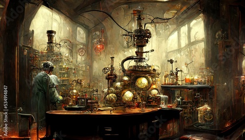 Scientist laboratory in steampunk look style with high details abd beautiful vintage tone collor palette,. photo