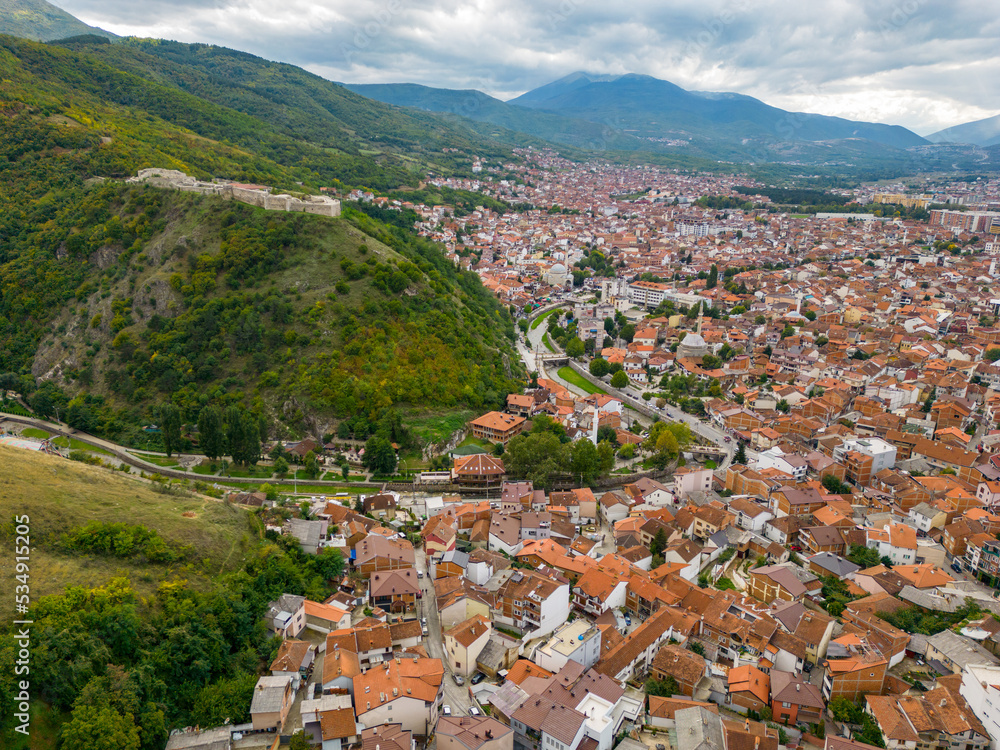 Prizren Old Town Aerial View. Popular Tourist Destination in Kosovo. Historic and touristic city located in Prizren. Balkans. Europe. 