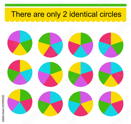 Fun puzzle game for kids. Need to find two identical circles. Task for development of attention and logic. Vector illustration.