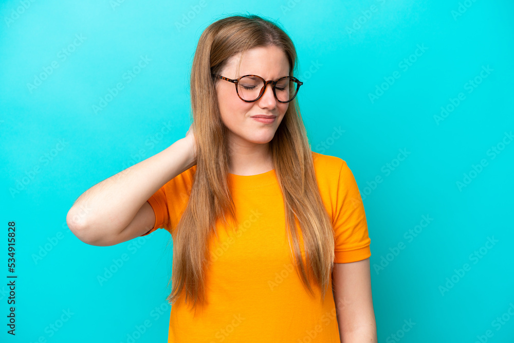 Young caucasian woman isolated on blue background with neckache Young caucasian woman isolated on blue background with neckache