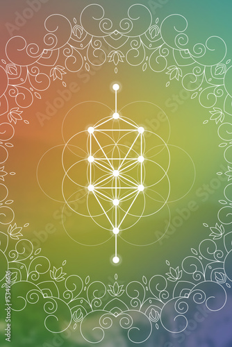 Flower of life. Tree of life. Sacred geometry zentangle inspired design template with oriental tribal ornaments. Ornamental new age art.