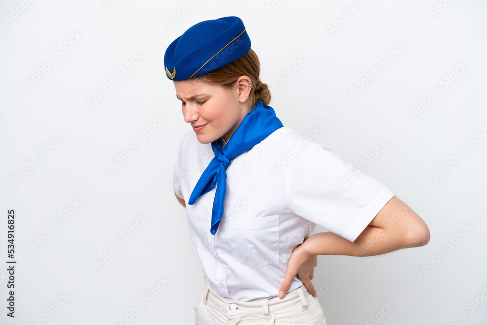 Airplane stewardess woman isolated on white background suffering from backache for having made an effort Airplane stewardess woman isolated on white background suffering from backache for having made an effort