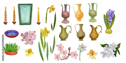 Digital set  with Nowruz flowers and tinks. Transparent layer.