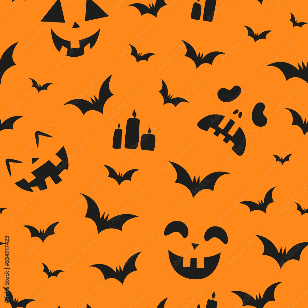 Seamless Halloween Pattern. Funny faces. Frightened face. Bats are flying around. Candles are burning. Seamless Halloween Pattern. Funny faces. Frightened face. Bats are flying around. Candles are burning.