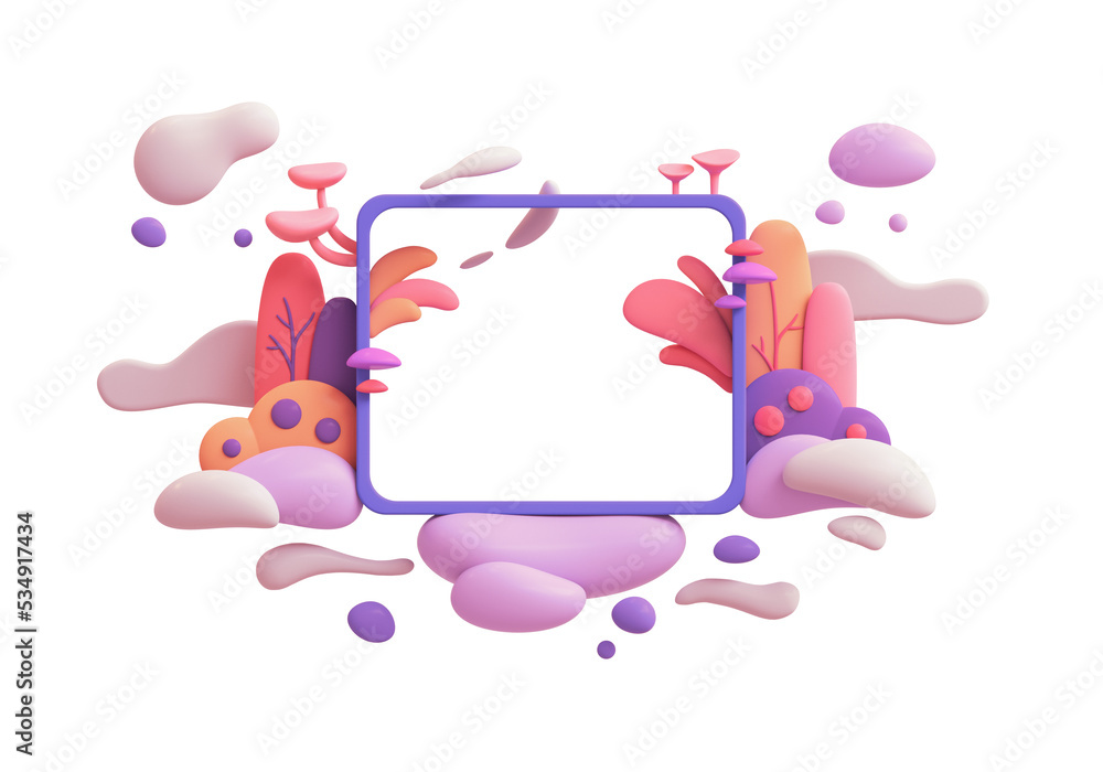 Blue frame floating in purple clouds with red mushrooms, yellow plants trees, multicolor objects. Colorful garden, flying bubbles. Theme birthday party invitation. 3d render isolated on white backdrop Blue frame floating in purple clouds with red mushrooms, yellow plants trees, multicolor objects. Colorful garden, flying bubbles. Theme birthday party invitation. 3d render isolated on white backdrop