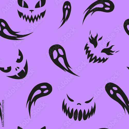 Fototapeta Naklejka Na Ścianę i Meble -  Seamless Halloween Pattern. Scary faces smile. The ghosts are frightened and fly away.