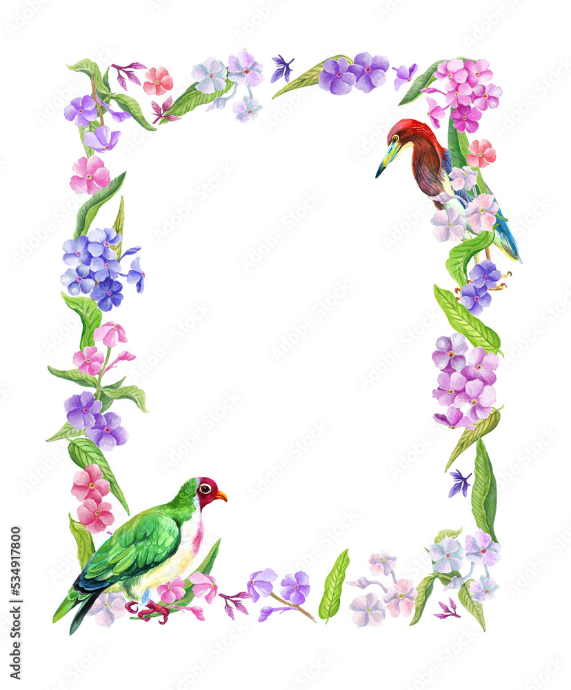  Watercolor frame with summer flowers and birds. Transparent layer