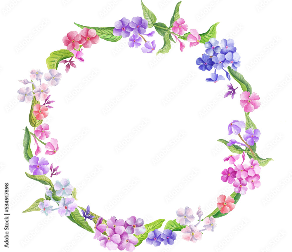  Watercolor wreath with summer flowers. Transparent layer