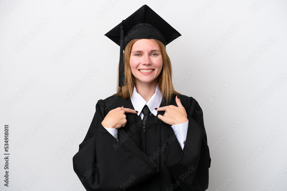 Young university graduate English woman isolated on white background with surprise facial expression Young university graduate English woman isolated on white background with surprise facial expression