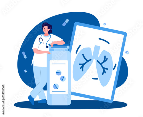 A female medical worker. Pulmonologist with a tablet. The concept of medicine and health. Vector illustration in a flat style on a blue background