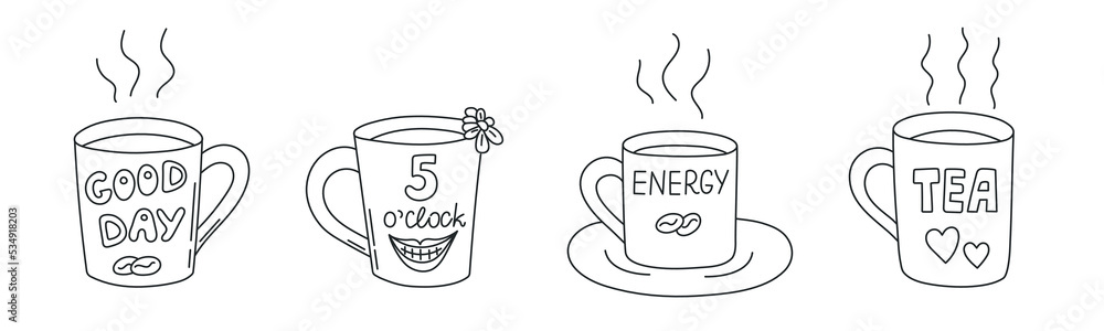 Coffee and tea cups set, traditional beverages. Mugs of invigorating morning hot drinks. Doodle hand-drawn sketch style. Editable stroke. Isolated. Vector illustration. Coffee and tea cups set, traditional beverages. Mugs of invigorating morning hot drinks. Doodle hand-drawn sketch style. Editable stroke. Isolated. Vector illustration.