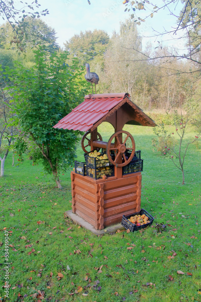 Harvest of apples laid on a well in the garden. Harvest of apples laid on a well in the garden.
