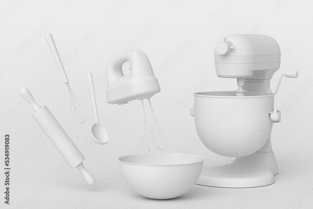 Mixer and bowl with kitchen utensil for preparation of dough on monochrome Mixer and bowl with kitchen utensil for preparation of dough on monochrome