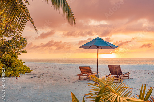 Amazing beach. Romantic chairs sandy beach sea sky. Couple summer holiday vacation for tourism destination. Inspirational tropical landscape. Tranquil scenic relax beach beautiful landscape background