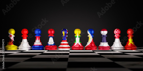 ASEAN countries or Association of Southeast Asian Nations include Brunei,Cambodia,Indonesia,Laos, Malaysia,Myanmar, Philippines, Singapore, Thailand and Vietnam print screen pawn chess by 3d render. photo