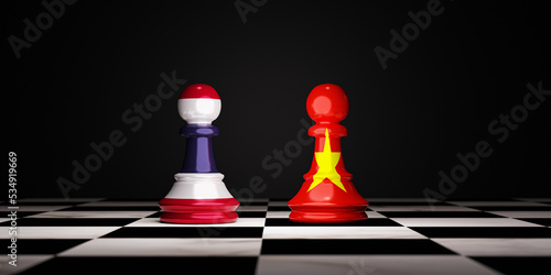 Thailand and Vietnam flag print screen to pawn chess on chessboard for business strategy and business economic competition for both countries in ASEAN region concept by 3d render.