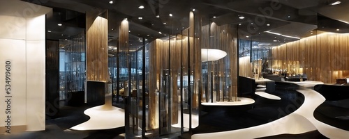 Abstract background public luxury hall interior space with black and white floor, mirrors, wood and glass walls, spotlighting, Generative AI.