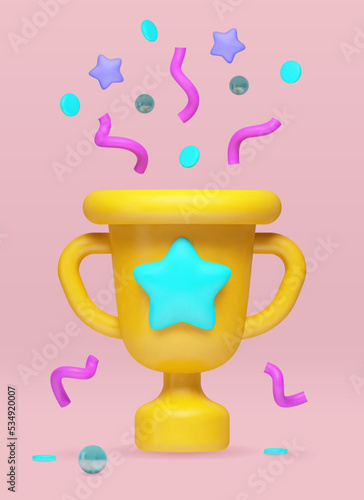 Vector 3d realistic illustration, reward, yellow cartoon goblet with a star and tinsel and confetti flying out of it