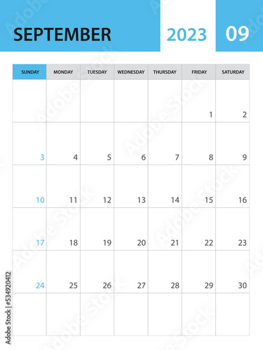 September 2023 template, Calendar 2023 template vector, planner monthly design, desk calendar 2023, wall calendar design, minimal style, advertisement, poster, printing media, simple creative vector