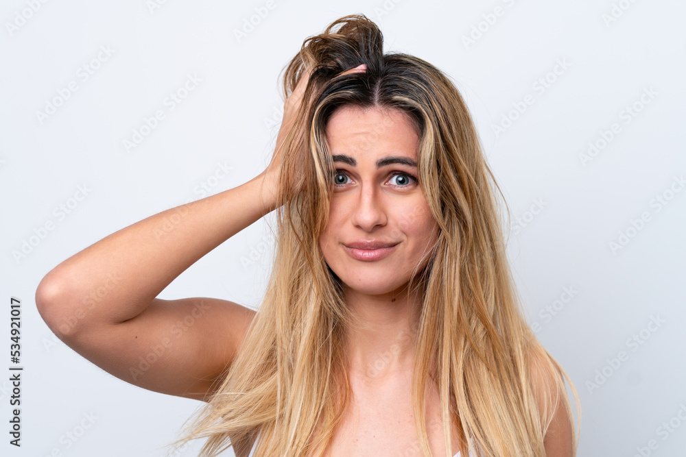 Young caucasian woman isolated on white background with tangled hair. Close up portrait Young caucasian woman isolated on white background with tangled hair. Close up portrait