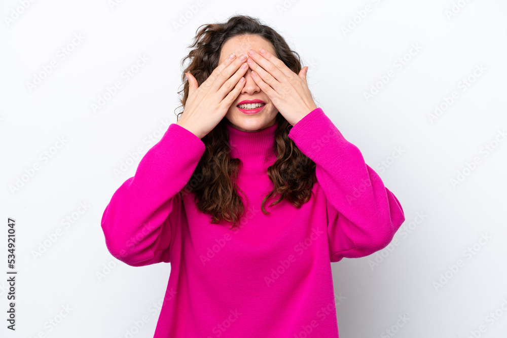 Young caucasian woman isolated on white background covering eyes by hands Young caucasian woman isolated on white background covering eyes by hands