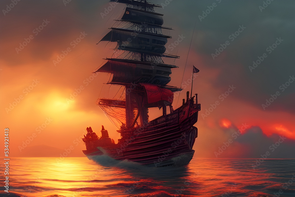 Old ship in the sea sailing at sunset. Amazing 3D landscape. Digital illustration. CG Artwork Background
